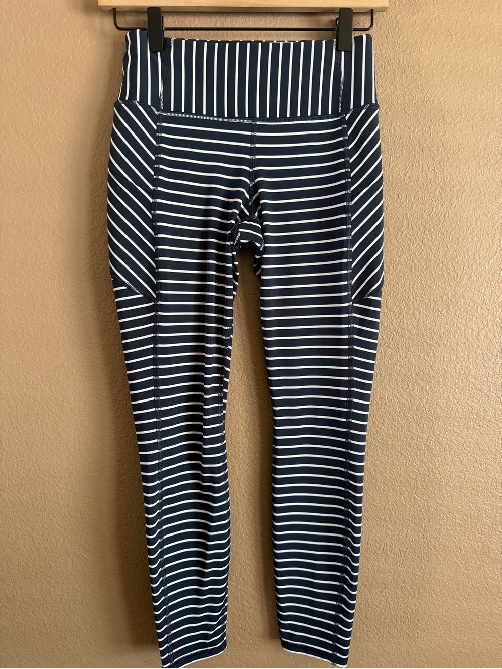 Athleta Navy and White Striped Leggings with Side Pockets Size XS